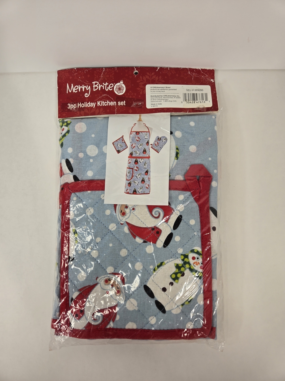 Merry Brite Red-Trim Holiday Kitchen Set - Blue Snowman & Santa Print